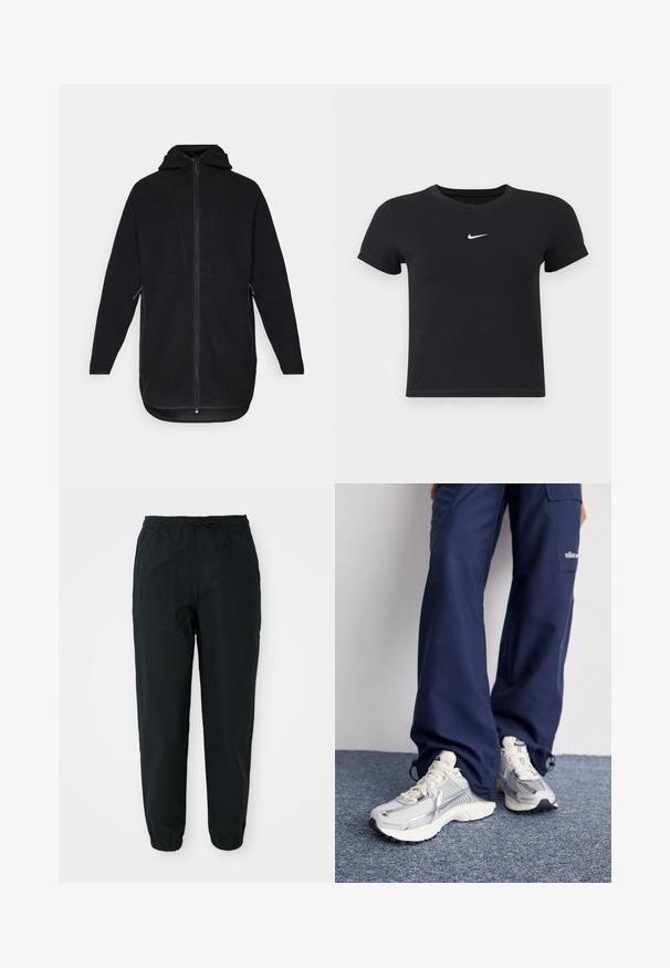 Mustat fleece-takit, joissa on vetoketjukiinnitys edessä, huppu ja sivutaskut. Sisältää teksturoituvan pinnan ja kaarevan helman rentoa istuvuutta varten.; Mustat lyhyet hihattomat t-paidat, jotka on valmistettu puuvillasta ja joissa on pyöreä pääntie. Sisältää valkoisen Nike-logon rinnassa, yksinkertainen muotoilu ja kapea leikkaus.; Mustat kapeat housut, jotka on valmistettu sileästä kankaasta. Niissä on joustava vyötärö, naru ja sivupussit. Joustavat hihnat nilkoissa.; Nike urheilukengät hopeisella verkkopinnalla, valkoisilla yksityiskohdilla ja teksturoiduilla pohjilla, yhdistettyinä löysiin tummansinisiin housuihin.