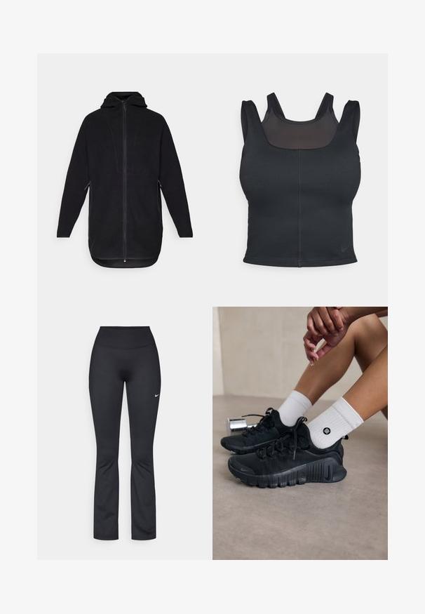 Veste en polaire noire avec fermeture éclair à l'avant, capuche et poches latérales. Présente une surface texturée et un ourlet courbé pour un ajustement décontracté.; Soutien-gorge de sport noir avec une coupe ajustée, des bretelles larges et une superposition en mesh sur le devant. Texture lisse et coutures minimalistes. Logo Nike à l'ourlet.; Leggings de sport noirs avec une taille haute, fabriqués en tissu lisse et extensible. Présentent un petit logo Nike blanc sur la cuisse gauche.; Chaussures de sport noires en tissu texturé, avec un design à lacets et une semelle proéminente, accompagnées de chaussettes blanches à côtes arborant un petit logo.