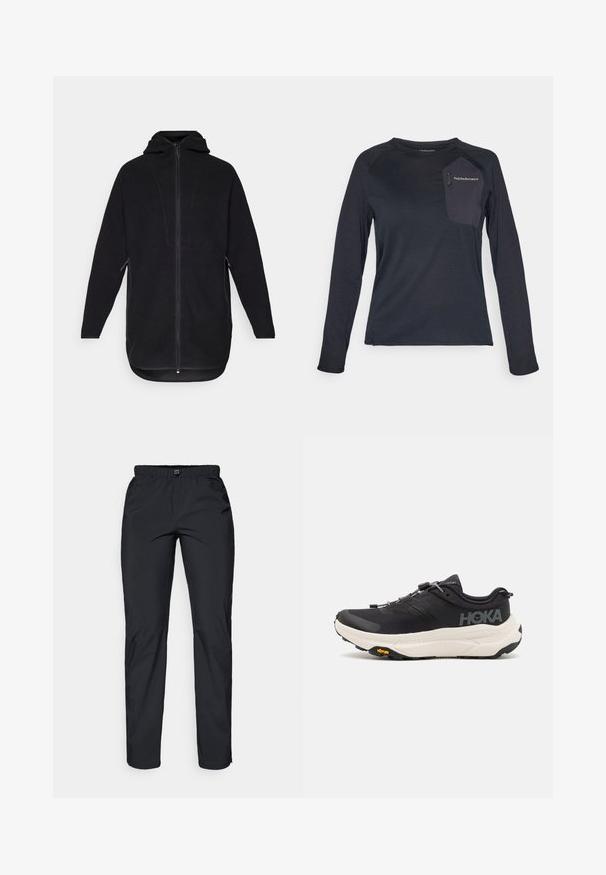 Melnas flīša jaka ar rāvējslēdzēju priekšā, kapuci un sānu kabatām. Iezīmēta ar teksturētu virsmu un izliekta apakšmalu, kas nodrošina brīvu piegulšanu.; Tumši zila, garām piedurknēm, tehniska krekls ar teksturētu virsmu, kontrastējošu auduma kabatu un Peak Performance logotipu uz krūts.; Melnas, vieglas, ūdensizturīgas bikses ar elastīgu jostu un divām sānu kabatām; gluda tekstūra; taisnu kāju dizains.; Melni sporta apavi ar elpojošu režģi augšdaļā, gumijas zoli, baltu amortizējošu starpzoli un atstarotājām šņorēm. Vibram logo uz zoles.