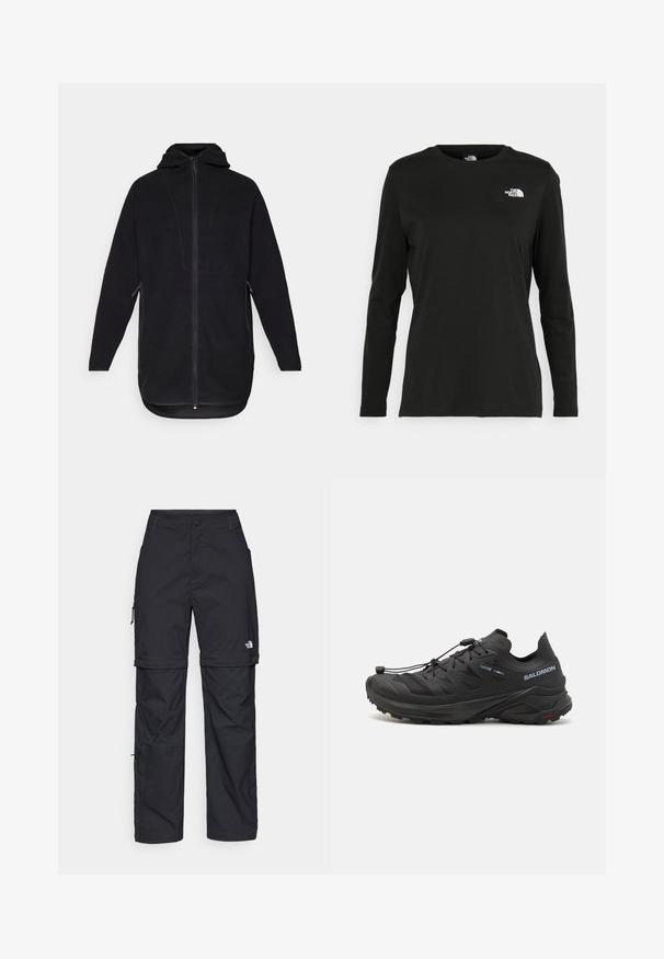 Čierna fleecová bunda so zipsom, kapucňou a bočnými vreckami. Vyznačuje sa textúrovaným povrchom a zakriveným lemom pre uvoľnený strih.; Čierne tričko s dlhým rukávom vyrobené z bavlny s okrúhlym výstrihom. Obsahuje malé biele logo na ľavej strane hrudníka. Jednoduchý dizajn a strih.; Čierne nylonové cargo nohavice s odnímateľnými nohavicami, nastaviteľnými manžetami, viacerými vreckami a logom na pravej nohe. Hladká, ľahká textúra.; Čierne trailové bežecké topánky s textúrovaným zvrškom, sieťovinovými panelmi a bezpečným systémom zapínania. Obsahujú robustnú podrážku pre lepšiu trakciu.
