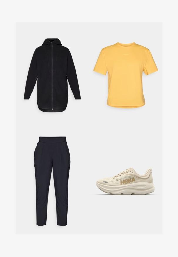 Crna flis jakna s patentnim zatvaračem sprijeda, kapuljačom i bočnim džepovima. Ima teksturiranu površinu i zakrivljen rub za opušteni fit.; Žuta majica kratkih rukava s okruglim izrezom, izrađena od mekog materijala. Ima suptilan logo na prsima i ravni rub.; Crne tapered hlače s širokim, elastičnim pojasom, prednjim nabora i bočnim džepovima. Izrađene od glatkog, laganog materijala.; Svijetlo bež tenisica za trčanje s mrežastim gornjim dijelom, podstavljenim ovratnikom, istaknutim "HOKA" logotipom u zlatnoj boji i debelim, podstavljenim potplatom za udobnost.