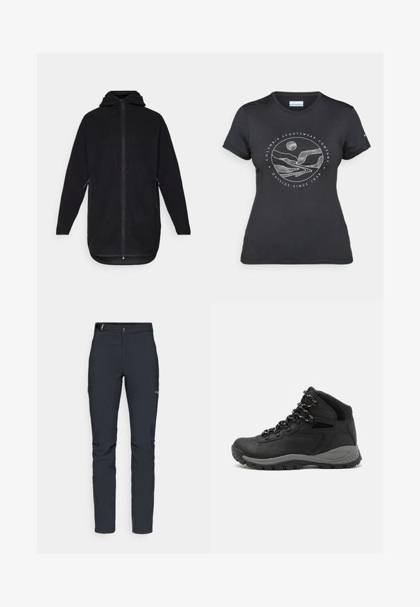 Mustat fleece-takit, joissa on vetoketjukiinnitys edessä, huppu ja sivutaskut. Sisältää teksturoituvan pinnan ja kaarevan helman rentoa istuvuutta varten.; Musta Columbia T-paita, jossa on valkoinen ympyrämuotoinen vuori- ja joki-viivataide sekä teksti "Columbia Sportswear Company Ulkona vuodesta 1938."; Miestne vonkajšie nohavice, tmavo šedé, vyrobené z flexibilného materiálu, s opaskom, zipsovými vreckami a zosilneným šitím.; Musta vaelluskenkä, jossa on puolivartinen muotoilu, jolle on ominaista teksturoitu päällinen, harmaat yksityiskohdat ja kestävä kumipohja, jossa on pitoita lisääviä lukuja.