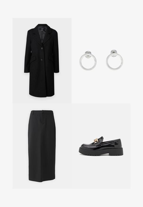 Musta villakangastakki, jossa on kauluskappale, kaksi etutaskua ja nappikiinnitys. Sisältää sileän vuoren ja muotoillun siluetin.; Even&Odd Petite 2 PACK - Toppi - light grey/black; Mustapystykki, polvipituinen, valmistettu sileästä kankaasta. Ominaisuuksiin kuuluu takasauma ja sivutaskut, yksinkertainen muotoilu ja neutraali väri.; Musta kiiltonahasta valmistettu loaferit, joissa on paksu musta pohja ja kultaiset yksityiskohdat. Tasainen pinta ja pyöristetty kärki.; Hopeista valmistetut korvakorut, joissa on harjattu pinta, ympyrän muotoinen muotoilu ja kirkas varsi takana, joka takaa turvallisen käytön.