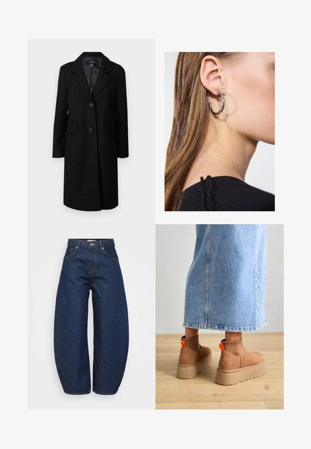 Black wool coat with a notched collar, two front pockets, and button closure. Features a smooth inner lining and tailored silhouette.; Even&Odd Petite 2 PACK - Top - light grey/black; Dark blue denim jeans with a wide, relaxed fit. Features a zip fly, four pockets, and contrasting stitching along seams.; Brown suede platform boots with elastic side panels and orange pull tabs, paired with a knee-length light denim skirt on a wooden floor.; Silver hoop earring with a polished finish, featuring small gold accent details and a round shape, worn on the lobe.