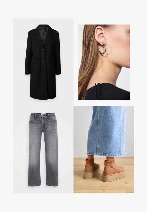 Casaco de lã preto com colarinho recortado, dois bolsos frontais e fecho de botão. Apresenta um forro interior suave e uma silhueta ajustada.; Even&Odd Petite 2 PACK - Top - light grey/black; Jeans de ganga cinza com um design de perna reta, estilo de cinco bolsos, desbotamento subtil e fecho de botão na cintura.; Botas plataforma em camurça castanha com painéis laterais elásticos e puxadores laranja, combinadas com uma saia de ganga clara até ao joelho, em um chão de madeira.; Brinco de argola prateada com acabamento polido, apresentando pequenos detalhes em dourado e uma forma redonda, usado na orelha.