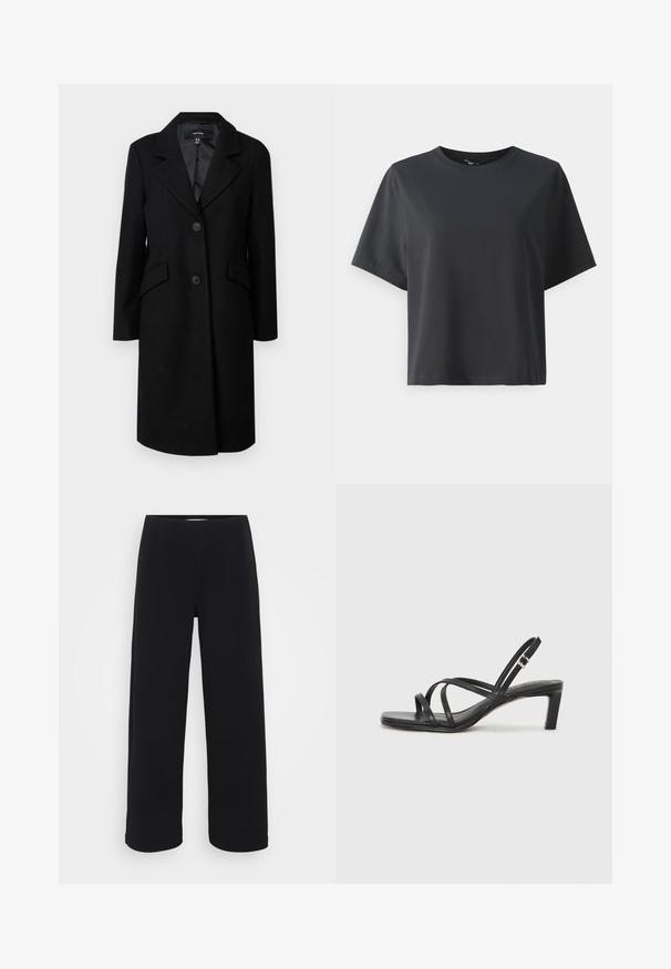 Svart ullfrakk med spiss krage, to frontlommer og knappelukking. Har en myk innerfôr og en skreddersydd silhuett.; Svart bomull T-skjorte, korte ermer, rund hals, avslappet passform, jevn tekstur, enkel design, ingen mønstre eller aksenter.; Svart bukser med vid benvidde og elastisk midjebånd. Laget av et strukturert materiale, med en løs passform og rett snitt fra hoftene til sømmen.; Sorte sandaler med stropper, firkantet tå og lav blokk hæl. Har flere tynne stropper og en justerbar ankelstropp. Laget av glatt lær.