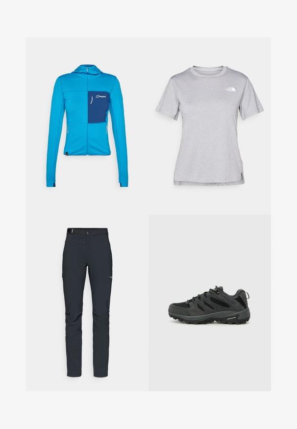 Giacca blu con zip, dalla superficie texturizzata, con tasca sul petto e zip in contrasto navy, design aderente e cappuccio per una copertura aggiuntiva.; T-shirt grigio a maniche corte realizzato in morbido tessuto traspirante. Presenta un collo tondo e un piccolo logo bianco nella parte superiore sinistra.; Pantaloni da uomo per attività all'aperto, grigio scuro, realizzati in materiale elastico, dotati di cintura, tasche con zip e cuciture rinforzate.; Columbia REDMOND - Scarpa da hiking - black/citron haze