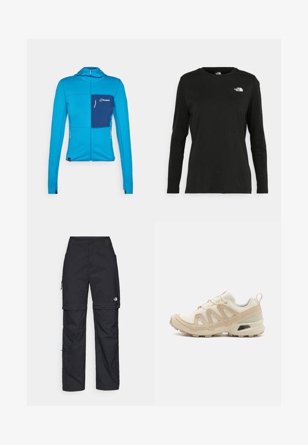 Blue zip-up jacket with a textured surface, contrasting navy chest pocket and zippers, fitted design, and hood for additional coverage.; Black long-sleeve t-shirt made of cotton with a round neck. Features a small white logo on the left chest area. Simple design and fit.; Black nylon zip-off cargo trousers with adjustable cuffs, multiple pockets, and a logo on the right leg. Smooth, lightweight texture.; Beige and cream athletic shoe with textured mesh upper, supportive overlays, and rubber outsole featuring a tread pattern for traction.