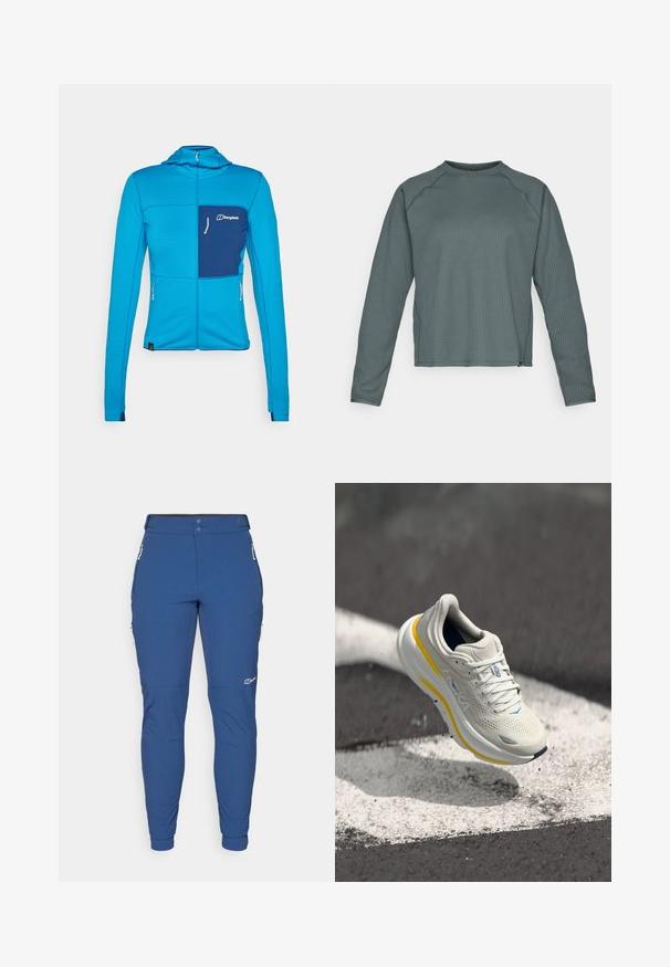 Modra zip-up jakna z teksturirano površino, kontrastno temno modrim žepom na prsih in zadrgami, zasnova, ki se prilega, in kapuco za dodatno zaščito.; Dolga majica z dolgimi rokavi in okrožnim izrezom v teksturiranem temno teal materialu, ki ima rebrast vzorec in rahlo skrajšan rob.; Modre elastične hlače s slim fit krojem, ki imajo dva žepa z zadrgo na straneh in elastične manšete, zasnovane za prosti čas na prostem.; Svetlo sivi tekaški čevelj z rumenimi detajli; mrežasta zgornji del, oblazinjen podplat in subtilni modri elementi. Značilna blagovna znamka na strani.
