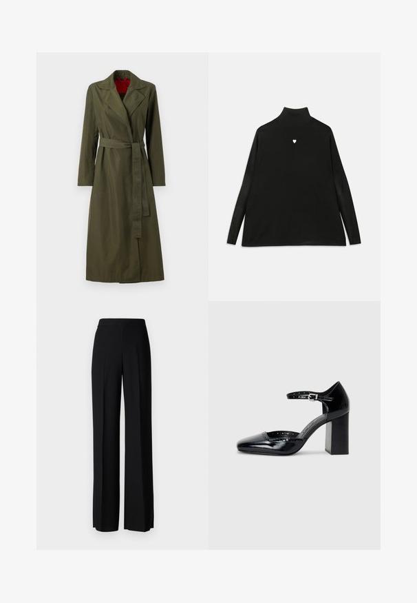 Olivovo zelený dlhý trenčkot s golierom, pásom a dlhými rukávmi. Vnútro má červené podšívku. Hladká, ľahká látka.; Čierny rolák s dlhými rukávmi, na hrudi s malou bielou emblematickou srdiečkou. Mäkkučká látka a voľný strih.; Čierne široké nohavice s hladkým povrchom, s vysokým pásom a stredovými skladmi. Žiadne viditeľné vzory ani hardvérové detaily.; Čierne lakované dámske topánky na vysokom opätku so štvorcovou špičkou, remienkom okolo členku a masívnym opätkom. Obsahuje perforované detaily pozdĺž lemu.