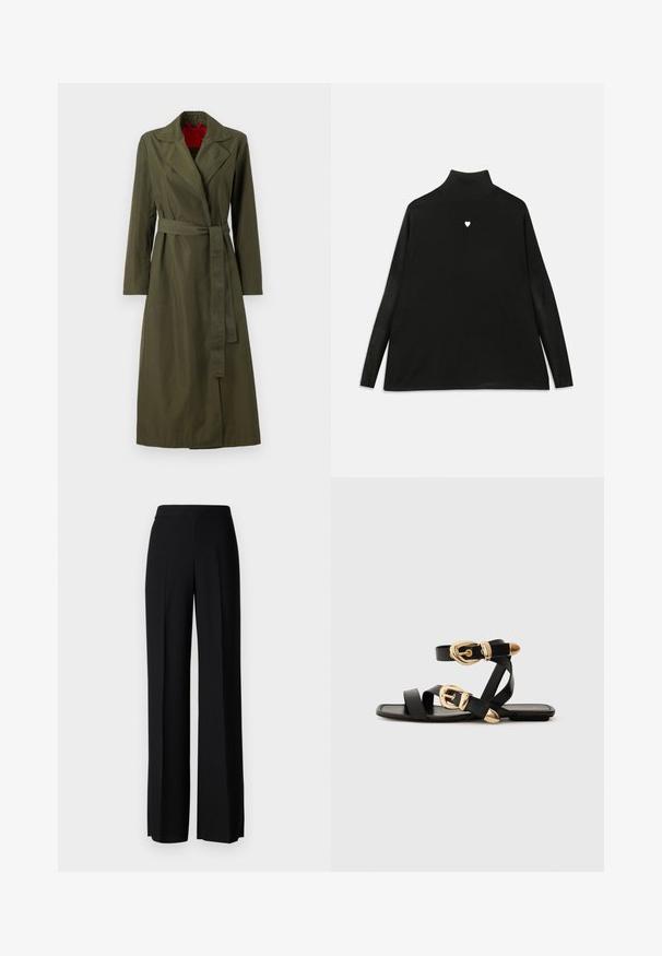 Manteau long olive avec un col, taille ceinturée et manches longues. L'intérieur présente une doublure rouge. Tissu lisse et léger.; Pull noir à col roulé avec manches longues, arborant un petit embleme en forme de cœur blanc sur la poitrine. Tissu doux et coupe décontractée.; Pantalons noirs à jambes larges avec une texture lisse, dotés d'une taille haute et de plis centraux. Pas de motifs visibles ni de détails en matériel.; Sandales en cuir noir avec des accents de boucles dorées, présentant plusieurs brides et un design de semelle plate pour un port ouvert.