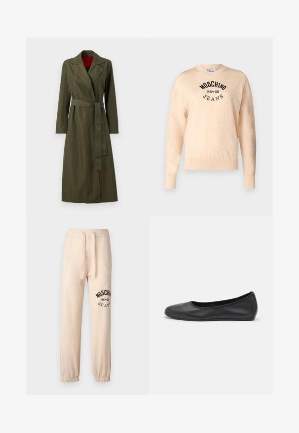 Vihreä oliivinvärinen pitkä trench-coat, jossa on kaulus, vyöllä varustettu vyötärö ja pitkät hihat. Sisäpuolella on punainen vuori. Sileä, kevyt kangas.; Vaaleanbeige neulepaita, joka on valmistettu pehmeästä kudoksesta. Siinä on pyöreä kaula-aukko, pitkät hihat ja musta brodeerattu logo, jossa on teksti "Moschino Jeans."; Beige-coloured sweatsit, jossa on joustavat lahkeet ja vyötärö. Vasemmassa reidessä on mustalla painettuna logo "MOSCHINO 86 ❤ 23 JEANS". Pehmeä pinta.; Musta nahkainen ballerina, jossa on pyöristetty kärki, sileä pinta, minimaalinen ommelkoristelu ja joustava pohjamuotoilu.