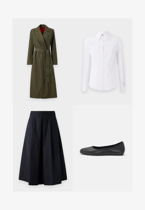 Zielony oliwkowy długi trencz z kołnierzem, paskiem w talii i długimi rękawami. Wnętrze wykończone jest czerwonym podszyciem. Gładki, lekki materiał.; Biała koszula z długim rękawem, z wywijanym kołnierzykiem, z zamykaniem na guziki z przodu i dopasowanym krojem. Gładki materiał bawełniany z subtelnymi detalami w szwie.; Czarna spódnica typu A wykonana z gładkiego materiału, z plisami i szerokim pasem. Spódnica sięga tuż nad kostkę.; Czarne skórzane baletki z zaokrąglonym noskiem, gładką fakturą, minimalnymi przeszyciami i elastycznym designem podeszwy.