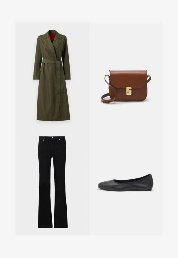 Manteau long olive avec un col, taille ceinturée et manches longues. L'intérieur présente une doublure rouge. Tissu lisse et léger.; Débardeur blanc à côtes avec des bretelles larges et une silhouette ajustée. Présente un petit logo en relief près de l'ourlet.; Jean évasé noir en denim, avec deux poches avant, une fermeture à bouton et une texture lisse. Couture signature visible aux coutures.; Ballerines en cuir noir avec un bout rond, texture lisse, détails de couture minimalistes et design de semelle flexible.; Sac à main en cuir marron avec une fermeture à rabat, des accents en métal doré, une bandoulière et une texture lisse. Forme rectangulaire compacte.