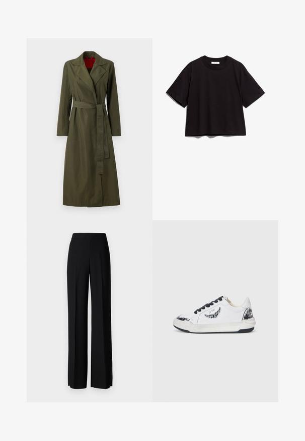 Oliven grøn lang trenchcoat med krave, bælte i taljen og lange ærmer. Indeni har den en rød foring. Glat, letvægts stof.; Sort bomulds t-shirt med rund halsudskæring og korte ærmer. Har en afslappet pasform og et enkelt, uprydet design.; Sorte vide benbukser med en glat tekstur, der har en høj talje og centerfolder. Ingen synlige mønstre eller hardware detaljer.; Hvide sneakers med sorte accenter, som har et struktureret design på siden, sorte snørebånd og en gummisål. Logo og kunstværk på overdelen.