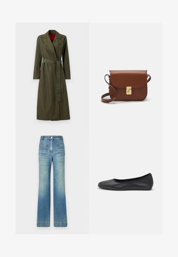 Olīvu zaļš garš trencs ar apkakli, jostu viduklī un garām piedurknēm. Iekšpusē ir sarkans oderējums. Gluda, viegla auduma.; Balta īsām piedurknēm T-krekls, izgatavots no ribota auduma. Apaļš izgriezums, regulāra piegriezuma un diskrēti šuvumu detaļas. Bez printiem vai grafikām.; Gaiši zili džinsi ar platām kājām, piecām kabatām, jostām, pogas aizdari un viegli nolietotu tekstūru, ar sarkanu logotipu uz aizmugures.; Melna ādas baleta kurpe ar noapaļotu purngalu, gludu tekstūru, minimālu šuvju detalizāciju un elastīgu zoles dizainu.; Bordo ādas rokas soma ar atloku, zeltītām detaļām, plecu siksnu un gludu virsmu. Kompakta, taisnstūrveida forma.