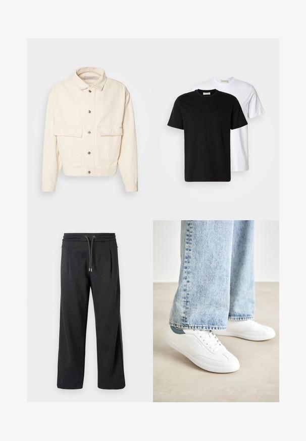 Casaco de algodão de cor creme com colarinho, botões frontais, dois grandes bolsos no peito e mangas longas. Textura suave e design curto.; Duas T-shirts de algodão lisas, uma preta colocada à frente de uma branca, ambas com mangas curtas e decotes redondos.; Calças de jogging cinza-escuro com uma textura suave, cintura elástica, fecho com cordão e costuras laterais com detalhes contrastantes. Design de pernas largas.; Ténis brancos com material suave, design de atacadores, sola de borracha texturizada e um detalhe em teal no calcanhar, combinados com jeans azul claro.