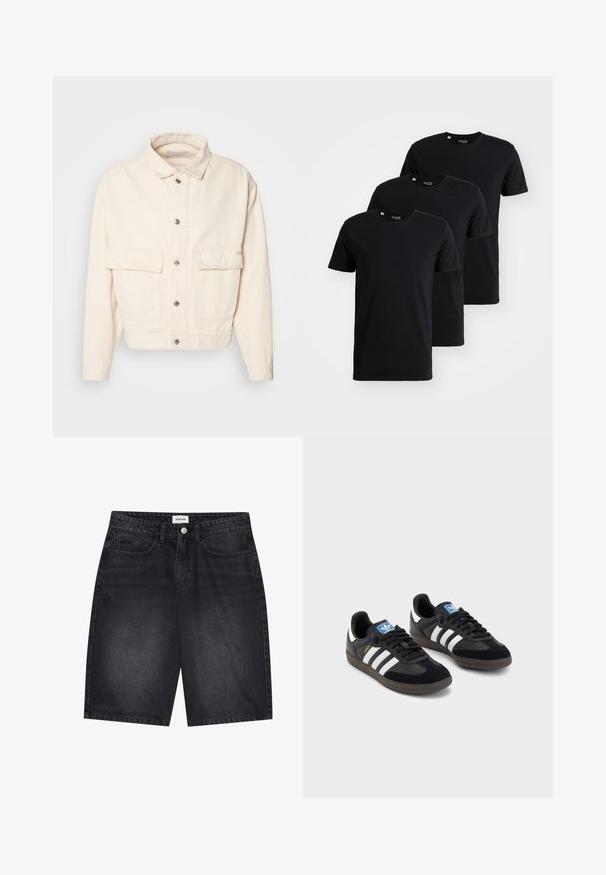 Krēmu krāsas kokvilnas jaka ar apkakli, priekšējiem pogām, divām lielām krūšu kabatām un garām piedurknēm. Gluda tekstūra un īss dizains.; Trīs melni kokvilnas T-krekli parādīti sakrautā kārtībā. Katram ir apaļš kakls un īsas piedurknes ar gludu tekstūru.; Melni džinsu šorti ar klasisku dizainu. Iezīmēti ar piecām kabatām, priekšējo pogu aizdari un šuvju detaļām. Gluda tekstūra un taisna forma.; Melnas sporta apavas ar zamšādas un sintētisku augšdaļu, ar trim baltām svītrām, teksturētu gumijas zoli un zilu logo birku uz mēles.