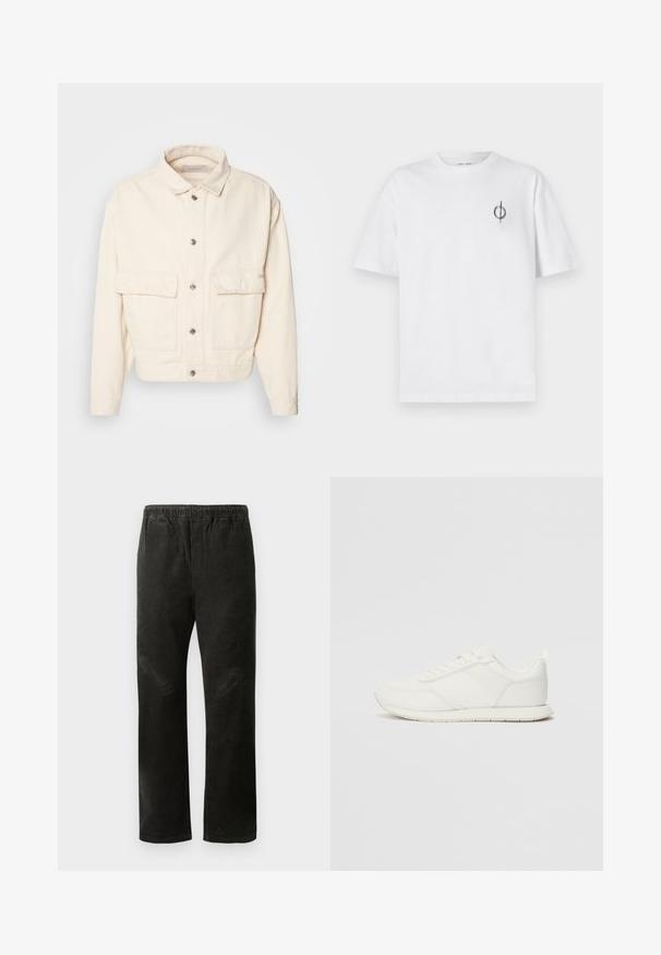 Kreemivärviline puuvillane jakk, millel on krae, ees nupud, kaks suurt rinna taskut ja pikad varrukad. Sile tekstuur ja lühike disain.; Valge puuvillane t-särk lõdva sobivusega, millel on vasakul rinnal väike must graafiline logo. Lühikesed varrukad, ümmargune kaelus.; Mustard värvi kootud püksid sirge jala kujundusega, millel on elastne vöökoht ja kaks külgtaskut praktilisuse jaoks.; Valged tennisesid, millel on võrgust ja sünteetilisest materjalist ülemine osa, ümar varvas, lamedad paelad ja tekstureeritud külgmine triip. Kummist tallaosa, tagaküljel tõmbetab.