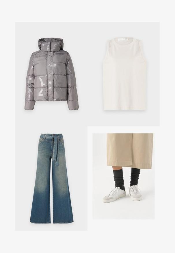 Grå pufferjakke med en blank tekstur, hette og sydd paneler. Har subtile logo detaljer foran og glidelås lukking.; Hvit ermeløs topp laget av mykt, glatt stoff. Har rund halslinning og en enkel design uten dekorasjoner eller mønstre.; Bredde ben jeans med en lyseblå til mørkeblå gradient, høyt liv, beltehemper og et matchende belte i samme stoff. Teksturert denimoverflate.; Hvite og grå sneakers med svart hælakkent, med en glatt læroverdel og teksturert semsket tå. Brukt sammen med mørkegrå slouchy sokker.