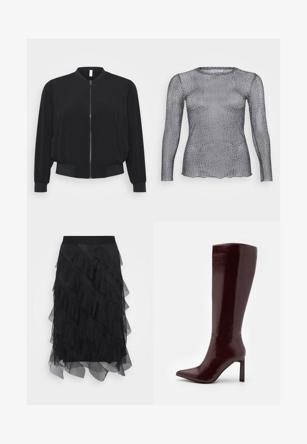 Svart bomberjacka i lätt material, med framdragkedja, ribbade ärmslut och nederkant samt en klassisk rund krage.; Genomskinlig grå långärmad topp med ett leopardmönster, med rund halsringning och vågig nederkant. Tillverkad av lätt, transparent material.; Svart tyllkjol med lager av volanger, elastisk midja och en flödande silhuett. Den genomskinliga texturen ger lätthet och rörelse.; Even&Odd Stövel - dark red