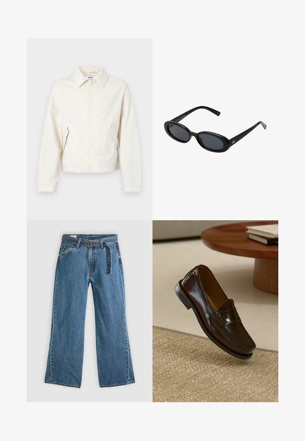 Kratka jakna v barvi smetane, izdelana iz gladkega materiala. Ima ovratnik, sprednji zadrgo in stranske žepe z gumbnimi poudarki.; Temno modra pletena brezrokavnik z vzorcem pletenice, z V-izrezom in ovratnikom s srebrnim robom. Na prsih je majhna bela polo oznaka.; Bela kratka majica s kratkimi rokavi iz bombaža, s krožnim izrezom in sproščenim krojem. Gladka tekstura, brez vidnih vzorcev ali poudarkov.; Modre široke kavbojke z naramnicami, sprednjimi žepe in vidnimi šivi na enostavni svetli podlagi.; Rjavi usnjeni loafers s sijočo površino, ki imajo šivano detajl čez sprednji del in nizko črno gumo podplata.; Črne oversize sončne očala z ovalnimi lečami, gladkim plastičnim okvirjem in zlatenimi detajli na templjih. Temne leče zagotavljajo zaščito pred soncem.