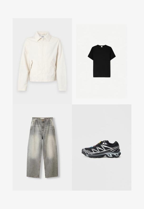 Lyhyt, kerma-valkoinen takki, joka on valmistettu sileästä kankaasta. Ominaisuuksiin kuuluu kaulus, etuvetoketju ja nappiakkentit sivutaskuissa.; Musta lyhythihainen t-paita, pyöreä kaula-aukko, valmistettu pehmeästä puuvillamateriaalista, jossa on sileä pinta ja ei näkyviä kuvioita tai yksityiskohtia.; Erittäin leveät farkut vaalean harmaan pesun värissä. Ominaisuuksina haalistunut viimeistely, viisi taskua ja nappikuvitus. Materiaali on pehmeää farkkukuosia.; Musta juoksukenkä, jossa on hopeisia yksityiskohtia, GORE-TEX-materiaalia, teksturoitu pohja ja värikkäät nauhat. Sisältää pehmustetun kantapään tukemiseen.