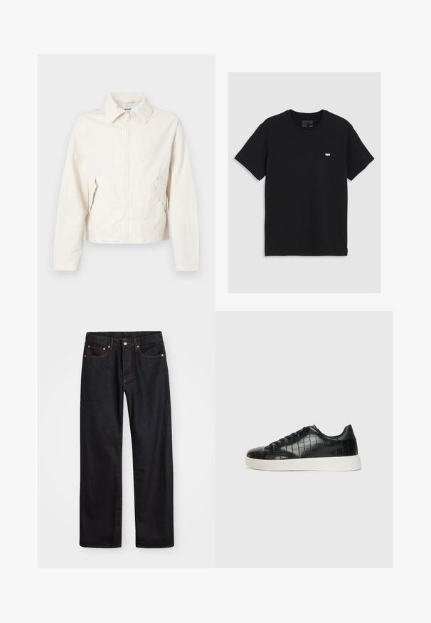 Chaqueta corta de color crema hecha de una tela suave. Presenta un cuello, cremallera frontal y bolsillos laterales con detalles de botones.; Camiseta de algodón negra de manga corta, con cuello redondo, presenta un pequeño logo blanco de Levi's en el pecho, textura suave, corte clásico.; Jeans de mezclilla negros de pierna recta para hombre, con cinco bolsillos y costuras en color naranja, cierre de botón y cremallera en la parte delantera de la cintura.; Zapatillas negras con parte superior de cuero con textura de cocodrilo en relieve, puntera redondeada y una suela de goma blanca contrastante con un acabado suave.