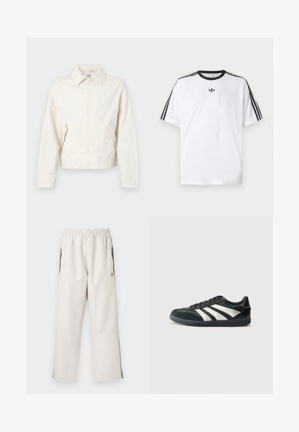 Short, cream-colored jacket made of smooth fabric. Features a collar, front zipper, and side pockets with button accents.; White T-shirt made of cotton, featuring a black round neckline and three black stripes on each shoulder. Small black logo on the chest.; Light beige track pants with an elastic waist, side pockets, black side stripes, and an Adidas logo on the left thigh. Smooth fabric texture.; adidas Performance PREDATOR FREESTYLE JUDE INDOOR FOOTBALL SHOES - Indoor football boots - core black/silver-coloured/glory blue