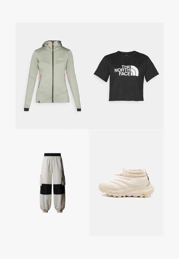 Salewa SELLA CREVASSE JACKET - Chaqueta de entrenamiento - shadow; Camiseta negra corta hecha de algodón, con un logo blanco con acentos curvados y el texto "THE NORTH FACE" en el frente. Mangas cortas, cuello redondo.; The North Face HIMALAYAN - Pantalones cargo - white dune tnf black; Zapatilla color beige claro con parte superior acolchada, cuello elástico y suela Vibram. Cuenta con una pestaña de agarre y un cierre de cremallera. Acabado texturizado.