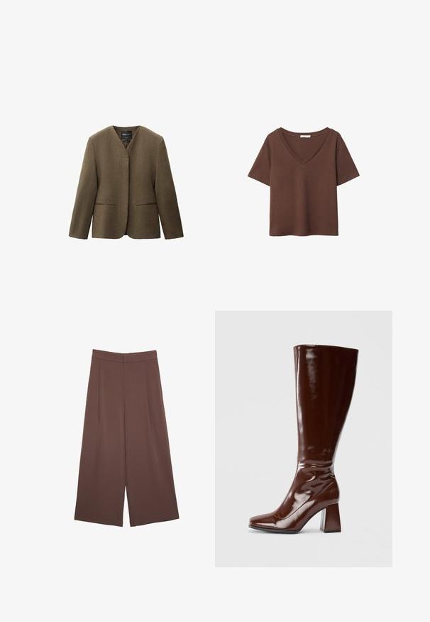 Olivenfarvet blazer med v-udskæring, lange ærmer og to forlommer; har et glat, let struktureret stof.; Brun bomulds t-shirt med korte ærmer og dyb V-hals. Enkel design, blød tekstur og lige kant. Ingen mønstre eller detaljer.; Brune bredbunde bukser med en glat tekstur, der har høj talje og plisseringer foran. Stoffet er let og falder løst.; Knæhøje brune patentlæderstøvler med firkantet tå, glansfuld finish og en kraftig hæl for stabilitet. Sømløs design uden synligt hardware.