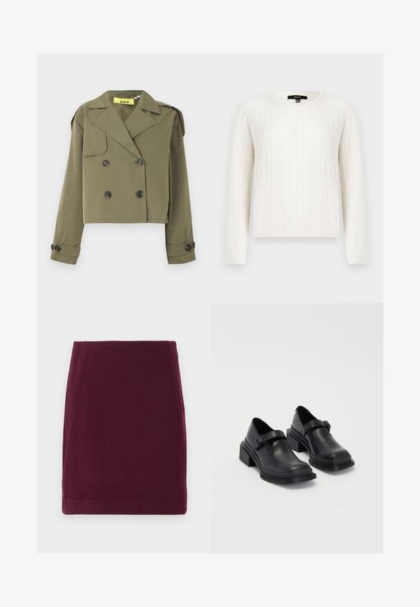 Olive green cropped jacket with double-breasted button closure, sharp lapels, and shoulder epaulets. Features two front pockets.; White cable-knit sweater featuring long sleeves, a round neckline, and a decorative pearl accent at the collar. Soft texture and fitted design.; Vero Moda VMFORTUNALLISON SHORT - A-line skirt - winetasting; Black leather shoes with a rounded toe, flat sole, and a strap with a buckle detail. Chunky block heel for added stability.