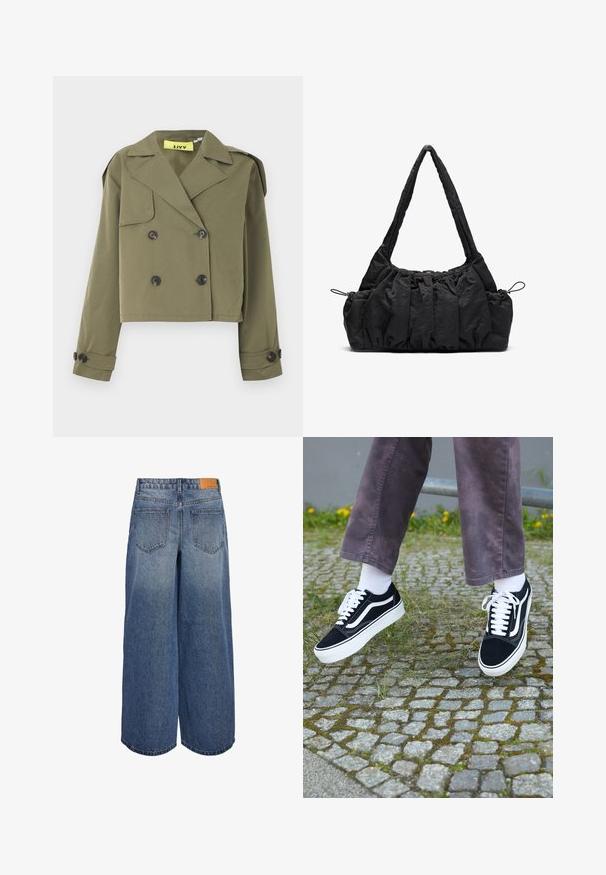 Casaco verde-oliva curto com fecho de botões duplo, lapelas afiadas e ombros com espáduas. Apresenta dois bolsos frontais.; Camisa cinza de mangas longas com decote redondo, apresentando um ribateado branco no decote e nos punhos. Feita de um tecido suave e texturizado.; Calças culottes de denim de perna larga em lavagem azul média com uma textura desbotada, apresentando dois bolsos traseiros e uma etiqueta de marca em couro castanho na cintura.; Sapatilhas de camurça pretas com detalhes brancos, apresentando um bico arredondado, sola branca grossa e um design clássico de atacadores, usadas com meias brancas e calças roxas.; Mala de tecido preto com textura franzida, duas alças de ombro e fecho de cordão nas laterais. Material suave e leve.