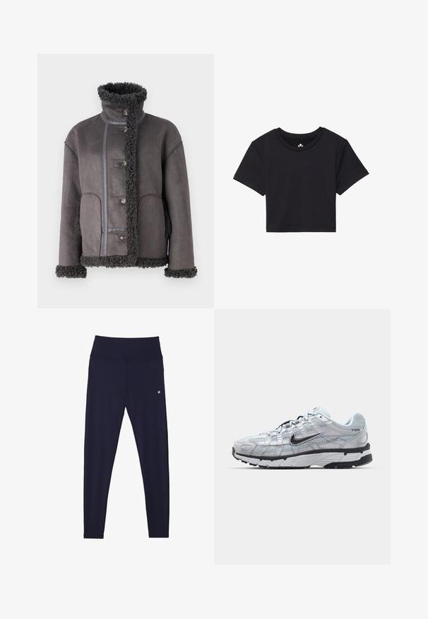 Object OBJOAKLYN ciemnoszary; Czarna krótka koszulka z krótkimi rękawami, okrągłym dekoltem, wykonana z gładkiego materiału. Minimalistyczny design bez widocznych wzorów czy akcentów.; Granatowe legginsy z wysokim stanem, wykonane z elastycznego materiału, z delikatnym przeszyciem i małym logo po lewej stronie u dołu.; Nike P-6000 sneakers z jasnoszarym siateczkowym wierzchem, czarnymi akcentami i trwałą czarną gumową podeszwą. Charakteryzują się skomplikowanym wzornictwem i systemem sznurowania.