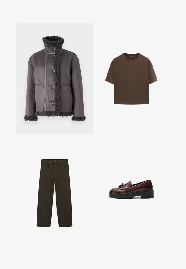 Object OBJOAKLYN JACKET - Kunstlederjacke - dark grey; Braunes Baumwoll-T-Shirt, kurze Ärmel, runder Halsausschnitt, lockere Passform, glatte Textur, minimalistisches Design, keine sichtbaren Muster oder Akzente.; Dunkelgrüne Jeans im weit geschnittenen Style, hergestellt aus einem Baumwollgemisch. Sie verfügen über einen Frontknopfverschluss, fünf Taschen und klassische Denim-Nähte.; Braune Lederloafers mit einem eleganten Design, kontrastierender schwarzer Plateau-Sohle und dekorativem Quastenakzent auf dem Blatt. Glatte Oberfläche.