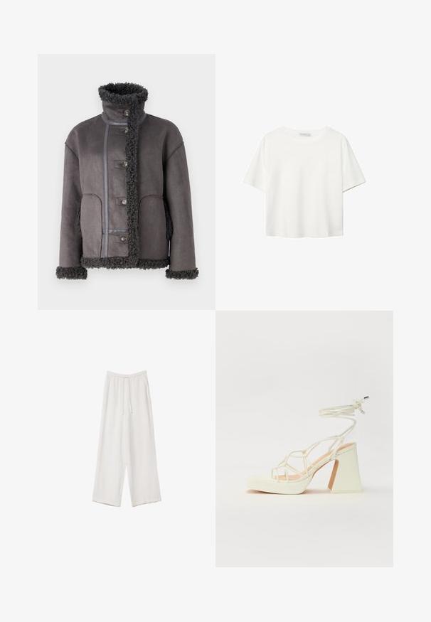 Object OBJOAKLYN JACKET - Bunda z nepravej kože - dark grey; Biela krátkopsová tričko vyrobené z bavlny. Má okrúhly výstrih a voľný strih. Hladká textúra bez viditeľných vzorov alebo akcentov.; Biele široké nohavice vyrobené z ľahkej tkaniny. Obsahujú elastický pás so sťahovacou šnúrkou a bočné vrecká. Hladká textúra.; Biele sandále na vysokom opätku s hrubým podpätkom, s pruhovaným dizajnom a viazaním na členku. Hladký povrch s platformou vpredu pre zvýšenú výšku.