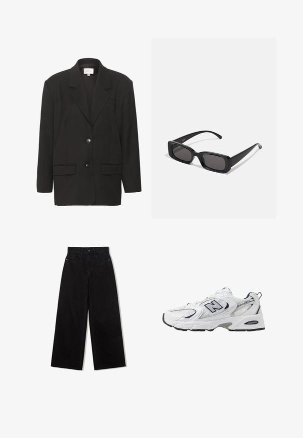 Černý blazer s klopovými límci, dvěma předními kapsami a dvěma knoflíky. Hladká tkanina s přiléhavým střihem a pevným ramenním vyztužením.; Černý rolák vyrobený z hladkého pleteného materiálu. Má dlouhé rukávy a přiléhavý střih, s žebrovaným výstřihem a lemem.; Černé džínové kalhoty s širokými nohavicemi a vysokým pasem, s pěti kapsami a jedním knoflíkem na přední straně.; Bílé sportovní boty s textilním svrškem, námořnickými akcenty a polstrovanou podrážkou. Obsahují logo "N", tkaničky a texturovaný detail na boku.; Černé obdélníkové sluneční brýle s tmavými skly, lesklým povrchem, širokými ramínky a robustním designem rámu. Vytlačený název značky na jednom ramínku.