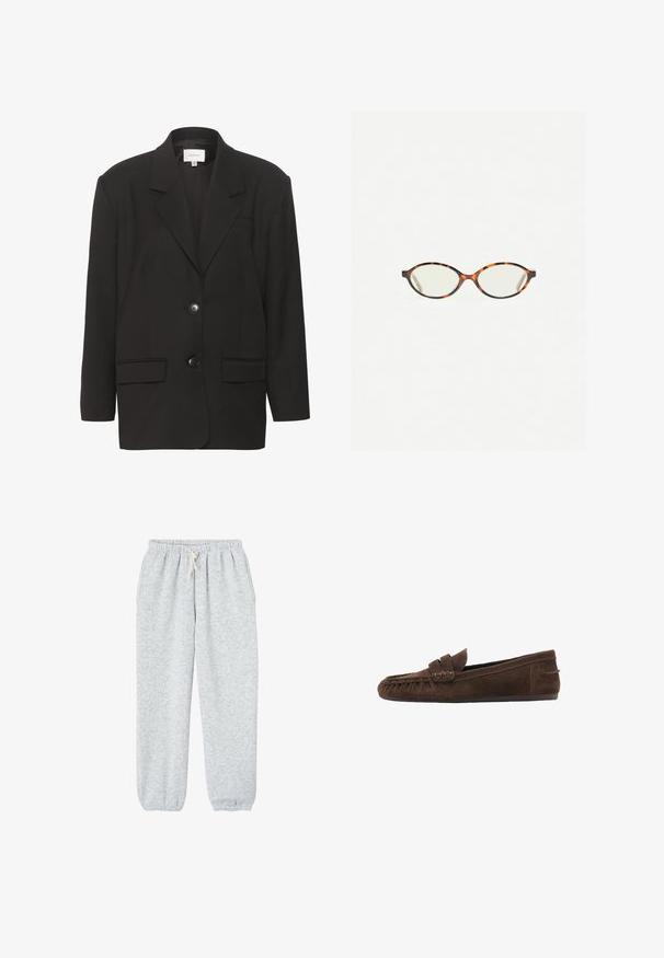 Black blazer, featuring notched lapels, two front pockets, and two buttons. Smooth fabric with a tailored fit and structured shoulders.; Light gray, long-sleeve sweater made of soft, fuzzy material with a round neckline and relaxed fit. No visible patterns or hardware.; Gray sweatpants made of soft fabric, featuring an elastic waistband with a drawstring, and elastic cuffs at the ankles.; Brown suede loafers with a textured upper, featuring a braided accent and a flat sole, designed for casual comfort and ease of wear.; Tortoiseshell eyeglasses with oval lenses and a sleek, smooth finish. Features thin sides with a subtle curve at the temples. Clear lenses.