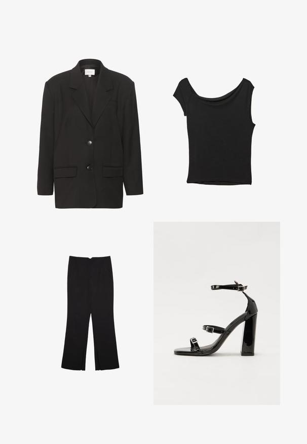 Blazer nero, con rever a punta, due tasche frontali e due bottoni. Tessuto liscio con una vestibilità su misura e spalle strutturate.; Top nero a maniche corte realizzato in tessuto liscio; presenta un colletto drappeggiato e un orlo asimmetrico, con una vestibilità aderente.; Pantaloni neri a gamba dritta, con tasche frontali e spacchi laterali all'orlo. Realizzati in tessuto morbido e liscio. Adatti a diverse occasioni.; Sandali con tacco in vernice nera, con punta squadrata, cinturini alla caviglia e fibbie in argento. Presentano un tacco a blocco spesso per maggiore stabilità.