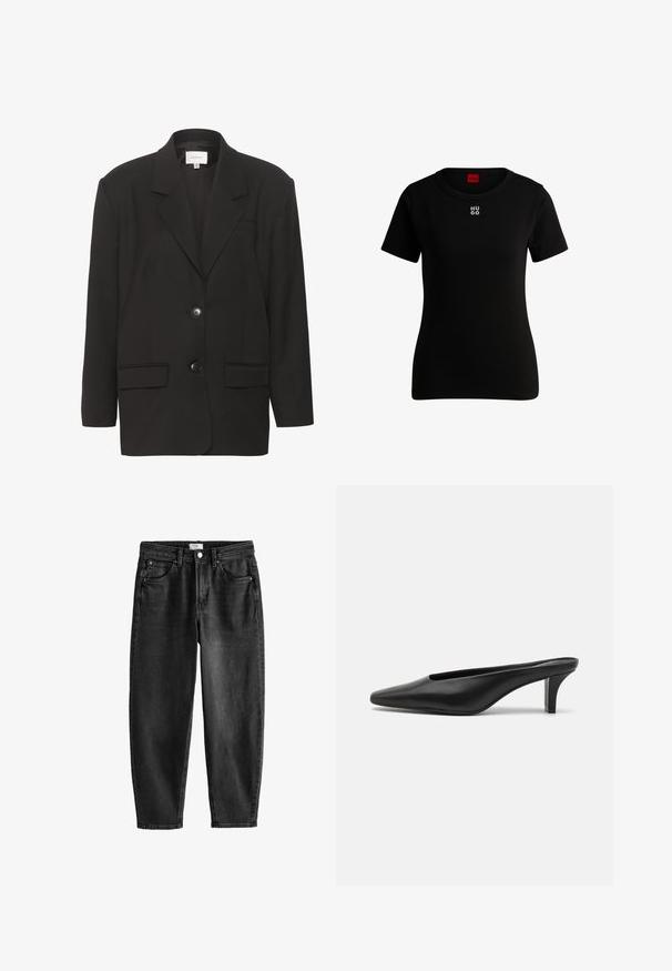 Musternõmblus musta bleiserit, millel on lõigetega kaelus, kaks eesmist taskut ja kaks nuppu. Sile kangas koos kohandatud lõike ja struktureeritud õlgadega.; Must sukahvarm t-särk, mis on valmistatud pehmest puuvillast, ümarate kaelustega ja rinnal on väike valge "HUGO" logo. Klassikaline lõige.; Mustad teksaseelikud otse lõikega, viie taskuga ja nööbiga kinnitusega. Omab kerget pleekimist ja õmbluse detaile. Ilu lugeda disain.; Mustadast mustad nahast teravatipulised mules madala stilletokontsaga. Sile tekstuur, minimalistlik disain ja avatud selg mugavaks selga panemiseks.