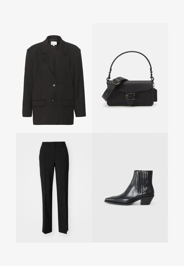 Melna žakete ar iegrieztām atlokām, divām priekšējām kabatām un diviem pogām. Gluda auduma, ar pielāgotu piegriezumu un strukturētām plecu daļām.; Melna bez piedurknēm, ar ribotu audumu, apaļā kakla izgriezumā un pieguļošā dizainā, ar gludu tekstūru un bez rakstiem.; Melnas pielāgotas bikses ar taisnu kāju dizainu, kas raksturojas ar gludu faktūru un asiem krokām pa priekšu. Nav redzamu metāla detaļu.; Melnas ādas potītes zābaki ar izsistu purngali, elastīgām sānu paneļiem ar vertikālām grodām un zemu bloku papēdi. Gluda tekstūra un elegants dizains.; Melnas ādas crossbody soma ar strukturētu virsmu, regulējamu siksnu un sudraba furnitūru. Iespējo priekšējā vāka atvēršanu ar sprādzi.