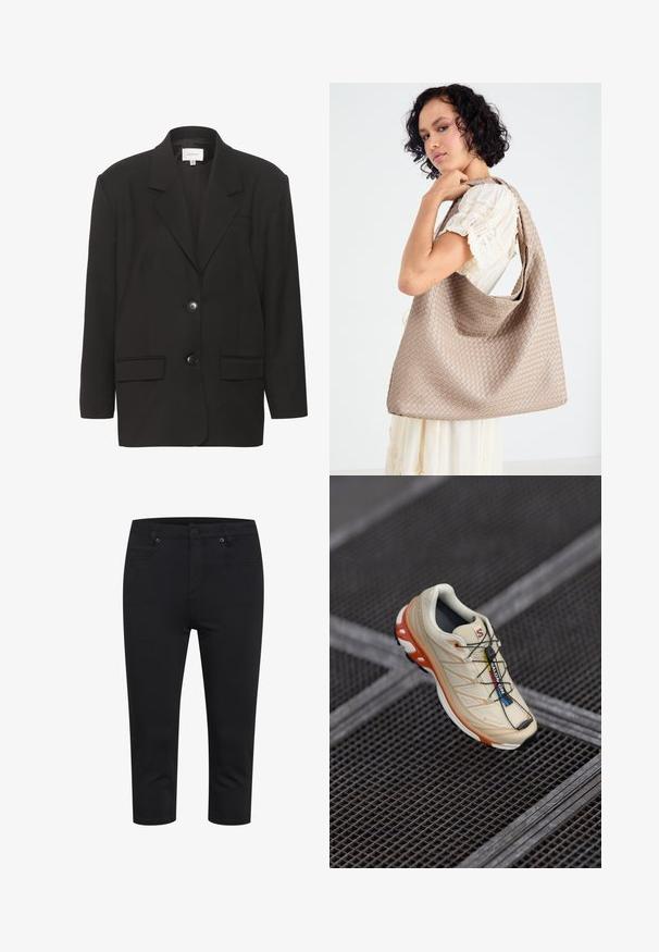 Blazer nero, con rever a punta, due tasche frontali e due bottoni. Tessuto liscio con una vestibilità su misura e spalle strutturate.; Bustier nero con spalline regolabili, caratterizzato da un motivo a stampa leopardata testurizzata e da un design a pannelli strutturati.; Pantaloni neri a taglio corto slim-fit con chiusura frontale a bottone e zip, e tasche anteriori e posteriori, esposti su sfondo bianco.; Scarpa da corsa beige con accenti arancioni, progettata con una parte superiore testurizzata, suola nera e lacci integrati. Presenta il marchio GORE-TEX.; Borsa tote beige intrecciata con un design morbido e una sola tracolla. Presenta un motivo Texturizzato su tutta la superficie.; Orologio da polso rettangolare dorato con quadrante verde chiaro testurizzato, due indicatori delle ore neri, bracciale in metallo dorato e un design minimalista.