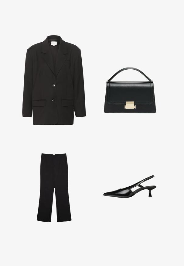 Crni sako, s prorezanim reverima, dvije prednje džepove i dva dugmeta. Glatka tkanina s prilagođenim krojem i strukturiranim ramenima.; Crni top bez rukava od pamuka, s okruglim izrezom i širokim izrezima za ruke. Glatka tekstura s ušivenim rubovima. Klasičan, minimalistički dizajn.; Crne hlače ravnog kroja, s prednjim džepovima i bočnim prorezima na rubu. Izrađene od mekog i glatkog materijala. Pogodne za razne prigode.; Crne lakirane natikače na remenčić sa špicastim nosom, dizajnom sa izrezima sa strane i malim kvadratnim potplatom. Glatka tekstura s minimalnim akcentima.; Crna kožna torba s strukturiranim dizajnom, gornjom drškom i zlatnim metalnim kopčanjem na prednjoj strani. Glatka tekstura, minimalno šivanje.