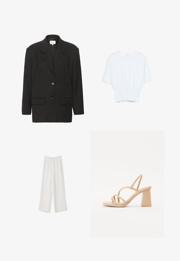 Črn blazer z izrezanimi klapavicami, dvema sprednjima žepoma in dvema gumboma. Gladka tkanina s prilegajočim krojem in strukturiranimi rameni.; Bela majica s kratkimi rokavi sproščenega kroja in z gubanim materialom na pasu. Narejena iz mehkega, lahkega blaga.; Bele široke hlače iz lahkega materiala. Imajo elastičen pas s vrvico in stranske žepe. Gladka tekstura.; Nude visoke sandale s kvadratnom blok petom, tankim trakama i glatkom, sjajnom završnom obradom. Jednostavan dizajn s trakastim gornjim dijelom.