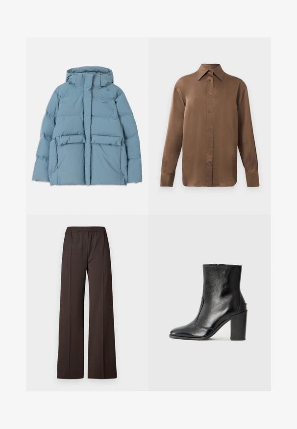 Ljusblå puffjacka med huva, med dragkedjestängning, två framfickor och quiltat mönster för isolering.; Brun långärmad skjorta med knäppning, spettdetalj på kragen och manschetterna, uppvisad mot en vit bakgrund.; Vidbyxorna i mörkbrunt tyg har ett elastiskt midjeband och en slät yta med rena linjer för en skräddarsydd look.; Svart läderankelboot med en slät yta, spetsig tå och en kraftig hög klack. Har en sidöppning och ett minimalistiskt design.