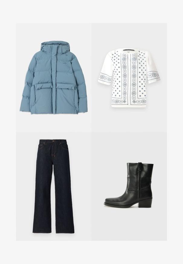 Svetlo modra puffasta jakna s kapuco, z zadrgo, dvema sprednjima žepoma in spodnjim šivom za izolacijo.; Bela bluzica s kratkimi rokavi, okrašena z modrim cvetličnim vezenjem, okroglo ovratnico in zapletenimi vzorci na sprednji strani in rokavih.; Temno modre široke kavbojke iz denima, z oranžnim šivanjem, dvema sprednjima žepoma in gumbom za zapiranje na pasu.; Črne usnjene gležnjarje z zaobljenim nosom, blok peto, stransko zadrgo in šivanjem na vampu. Gladka tekstura, klasična zasnova.