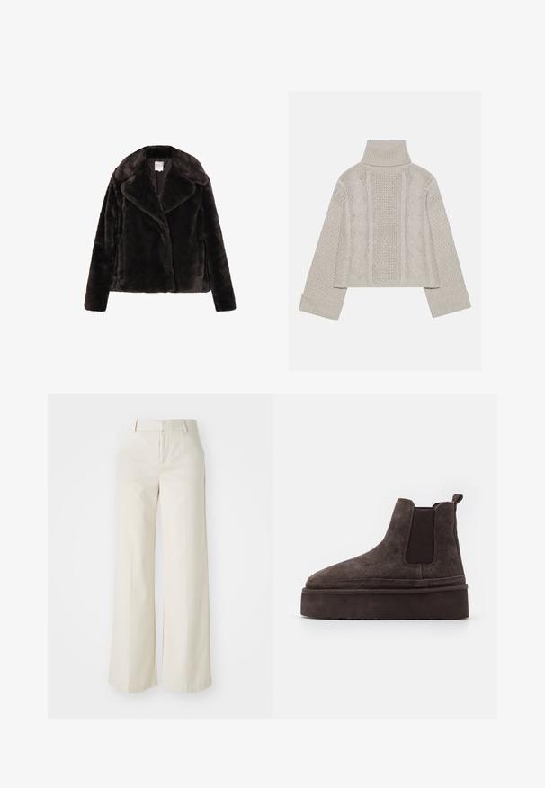 Brązowa kurtka z sztucznego futra z szerokim kołnierzem, długimi rękawami i pudełkowym krojem. Miękka faktura, brak widocznych guzików ani zapięć, casualowy styl.; Skórzana szara sweter z wysokim kołnierzem i ściągaczami, z teksturowanymi wzorami w warkocze z tyłu i po bokach.; Spodnie o szerokich nogawkach w jasnobeżowym kolorze, wykonane z gładkiego materiału. Posiadają klasyczny pas i płaski przód z czystymi liniami.; Brązowe zamszowe botki typu Chelsea z elastycznymi bocznymi panelami i grubą, fakturowaną podeszwą platformową. Posiadają pętlę z tyłu dla łatwego zakładania.