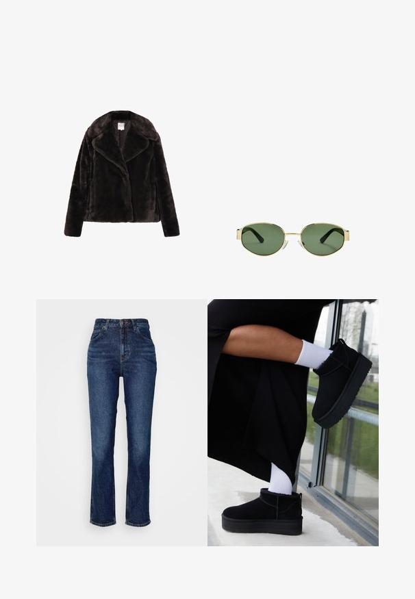 Brun faux fur jakke med bred krave, lange ærmer og en boxy pasform. Blød tekstur, ingen synlige knapper eller lukninger, afslappet design.; Intimissimi U-BOOT-AUSSCHNITT - Langærmet T-shirt - black; Mørkeblå denimjeans med høj talje, lige bendesign, traditionel knap- og lynlåslukning, samt diskret falming på stoffet.; Sorte suede ankelstøvler med flad sål, med en bageste træksløjfe, båret med hvide ankelstrømper mod en minimalistisk baggrund.; Solfarvede solbriller med guldmetalramme, grønne linser, oval form, sorte stænger og klare næsepuder. Rent, minimalistisk design.; DRAGON DIFFUSION ROSANNA - Håndtasker - dark brown