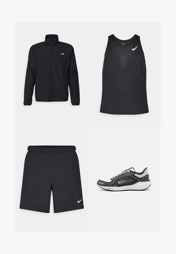 Black windbreaker jacket with high collar, zip front, and lightweight material. Features logo on chest and elastic cuffs for a snug fit.; Black athletic tank top with a perforated texture and rounded neckline. Features a white Nike logo on the chest.; Black athletic shorts made of lightweight material with an elastic waistband. Features a small white Nike logo on the lower left side.; Black and gray athletic shoe with a mesh upper, reflective accents, and a white midsole. Features textured rubber outsole and laces.