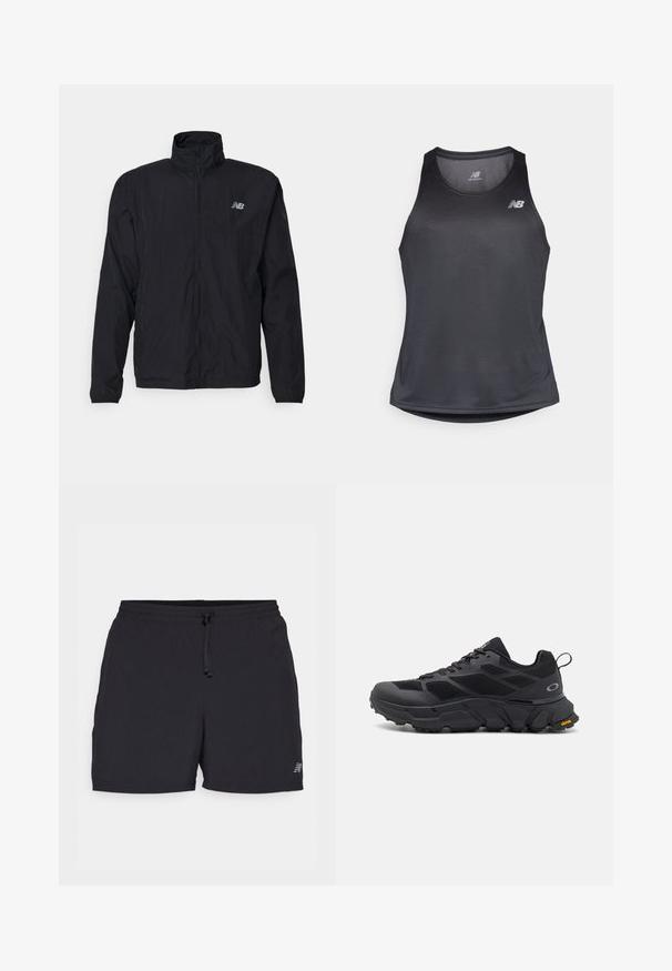 Černá větrovka s vysokým límcem, zipem vpředu a lehkým materiálem. Obsahuje logo na hrudi a elastické manžety pro těsné uchycení.; Černý atletický top bez rukávů vyrobený z tkaniny odvádějící vlhkost, s kulatým výstřihem a jemnou žebrovanou strukturou, s bílým logem na hrudi.; Černé sportovní šortky vyrobené z lehkého materiálu. Obsahují elastický pás se stahovací šňůrkou, boční kapsy a malou logo aplikaci.; Černé sportovní boty s mohutnou podrážkou, svrškem z materiálu síťoviny a syntetiky, texturovanými detaily a značením Vibram na podrážce.